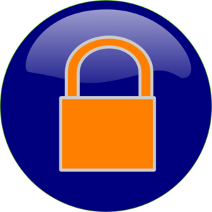 Orange padlock icon on a glossy blue circular background, symbolizing security and encryption.