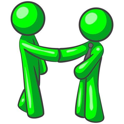 Two green cartoon figures shaking hands in a friendly business gesture.