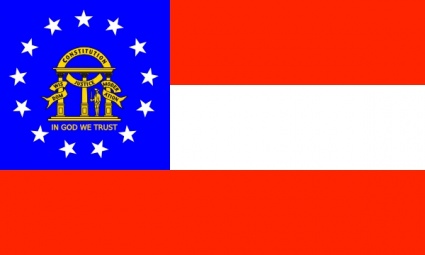 Flag of the U.S. state of Georgia, featuring a blue canton with 13 white stars and the state seal, alongside red and white stripes.