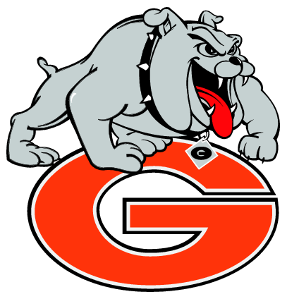 Georgia Bulldogs mascot-a fierce gray bulldog with red tongue lunging over a bold orange and black "G" logo.