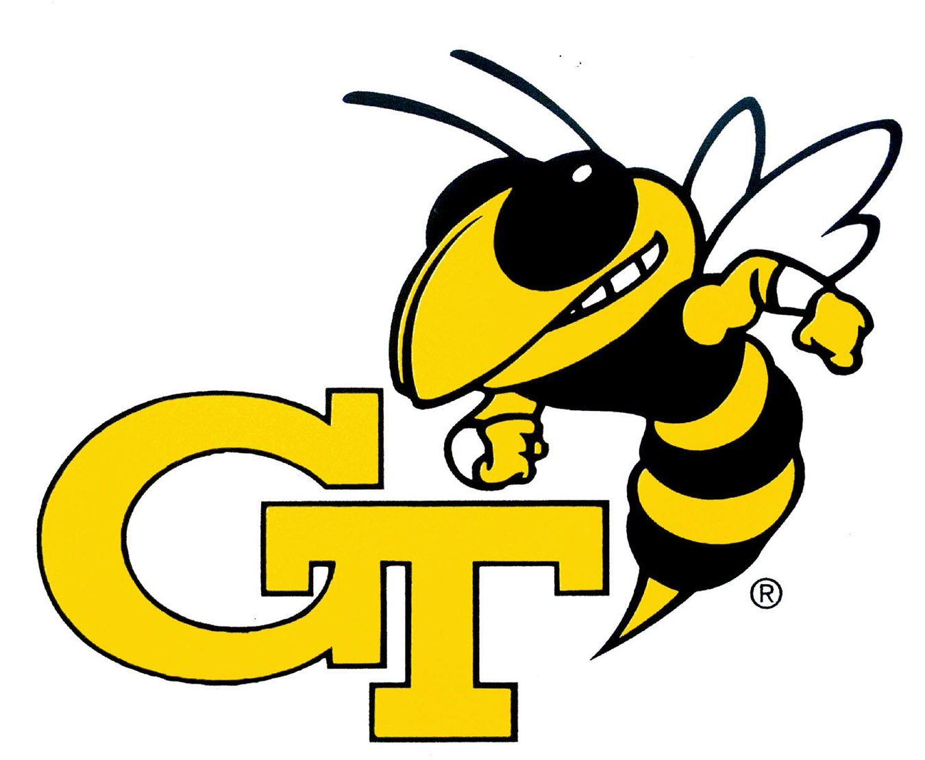 Georgia Tech Yellow Jackets mascot, a cartoon yellow and black bee with "GT" logo, smiling and in motion.