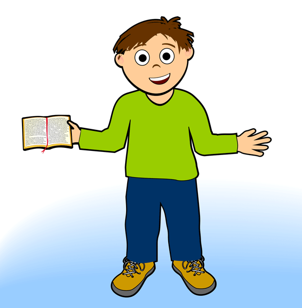 Smiling boy in green shirt holding open Bible, gesturing warmly toward viewer.