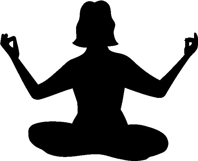 Silhouette of a woman meditating in lotus position with hands in mudra gesture.