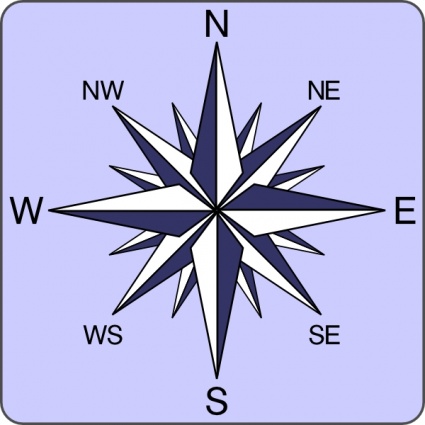 Classic 16-point compass rose with cardinal and intercardinal directions on light purple background.
