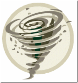 Stylized illustration of a swirling tornado within a circular frame, showing wind bands and debris.