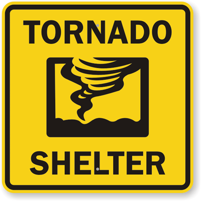 Yellow warning sign with black text "TORNADO SHELTER" and a tornado icon in the center.