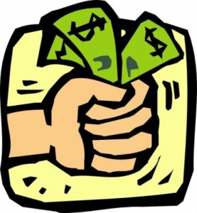 A cartoon hand gripping green dollar bills emerging from a yellow pouch, symbolizing cash handling or financial gain.