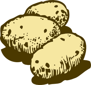 Hand-drawn illustration of three rustic, textured potatoes with earthy brown shading.
