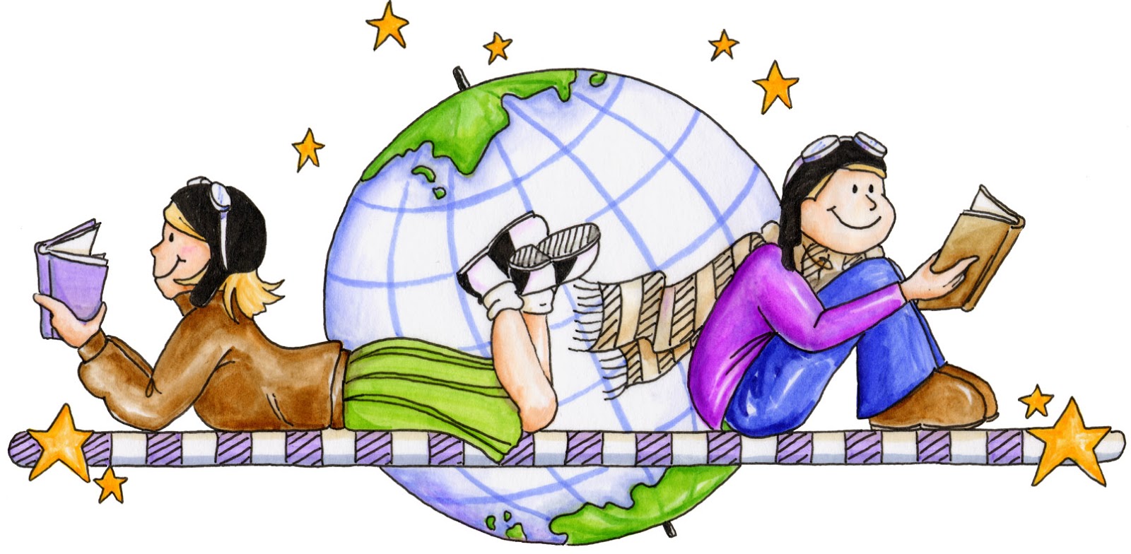 Two children reading books while lounging on a striped beam with a globe and stars in the background.