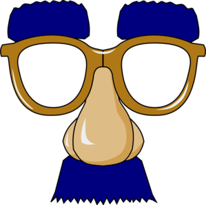 Cartoon face with oversized brown glasses, large fake nose, and blue hair/beard against black background.