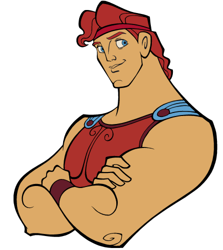 Disney’s Hercules with arms crossed, wearing red headband and armor, confident expression.