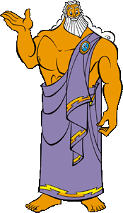 Zeus, the Greek god of sky and thunder, depicted with white beard, purple robe, and lightning motifs, gesturing authoritatively.