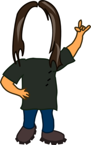 Cartoon character with long brown hair, green shirt, blue pants, pointing upward with one hand on hip.