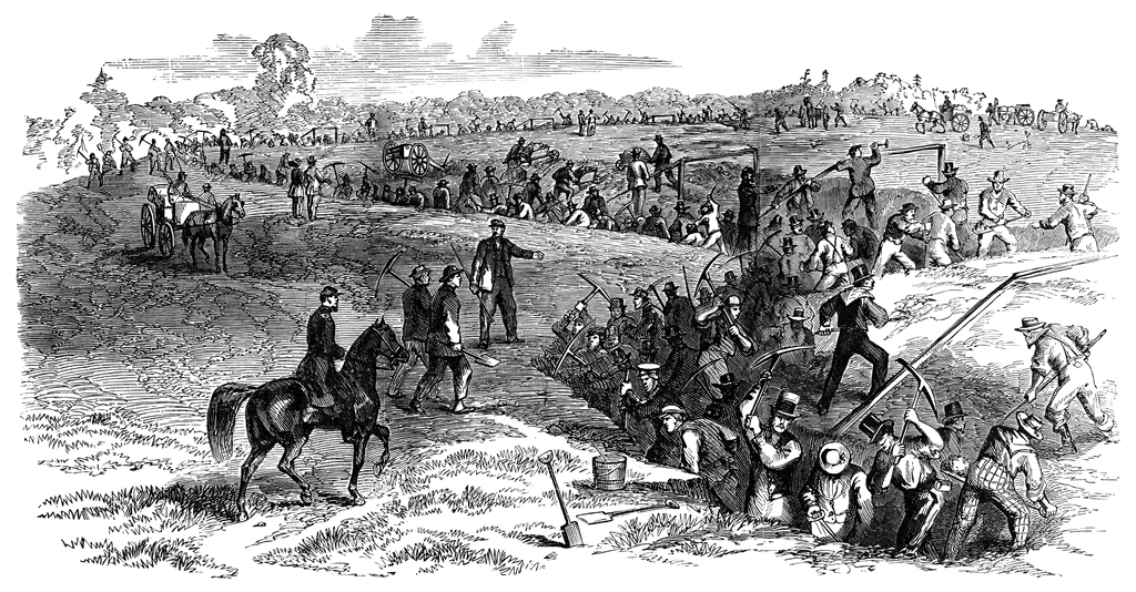 19th-century engraving of workers digging a canal with picks, shovels, and horse-drawn carts on a bustling construction site.