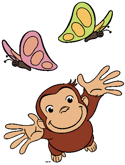 Curious George reaches up joyfully as two colorful butterflies flutter above him.