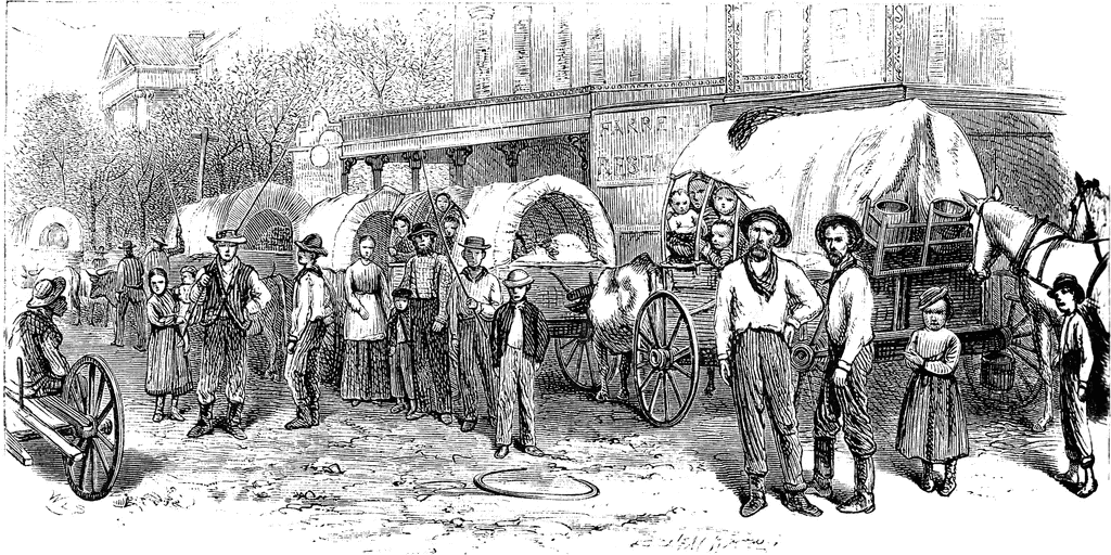 19th-century American pioneers with covered wagons and families preparing for westward migration on a city street.