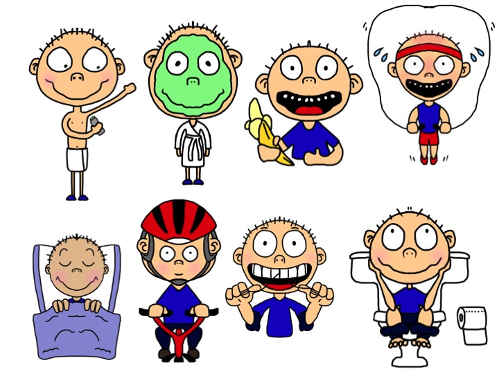 Eight cartoon boys demonstrating daily hygiene and health routines: showering, face mask, brushing teeth, exercising, sleeping, cycling, flossing, and using the toilet.