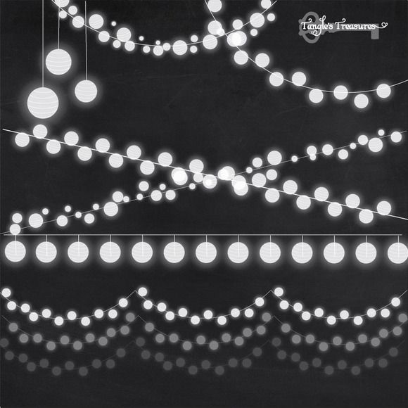 Glowing white string lights and paper lanterns on dark background, festive holiday decoration elements.