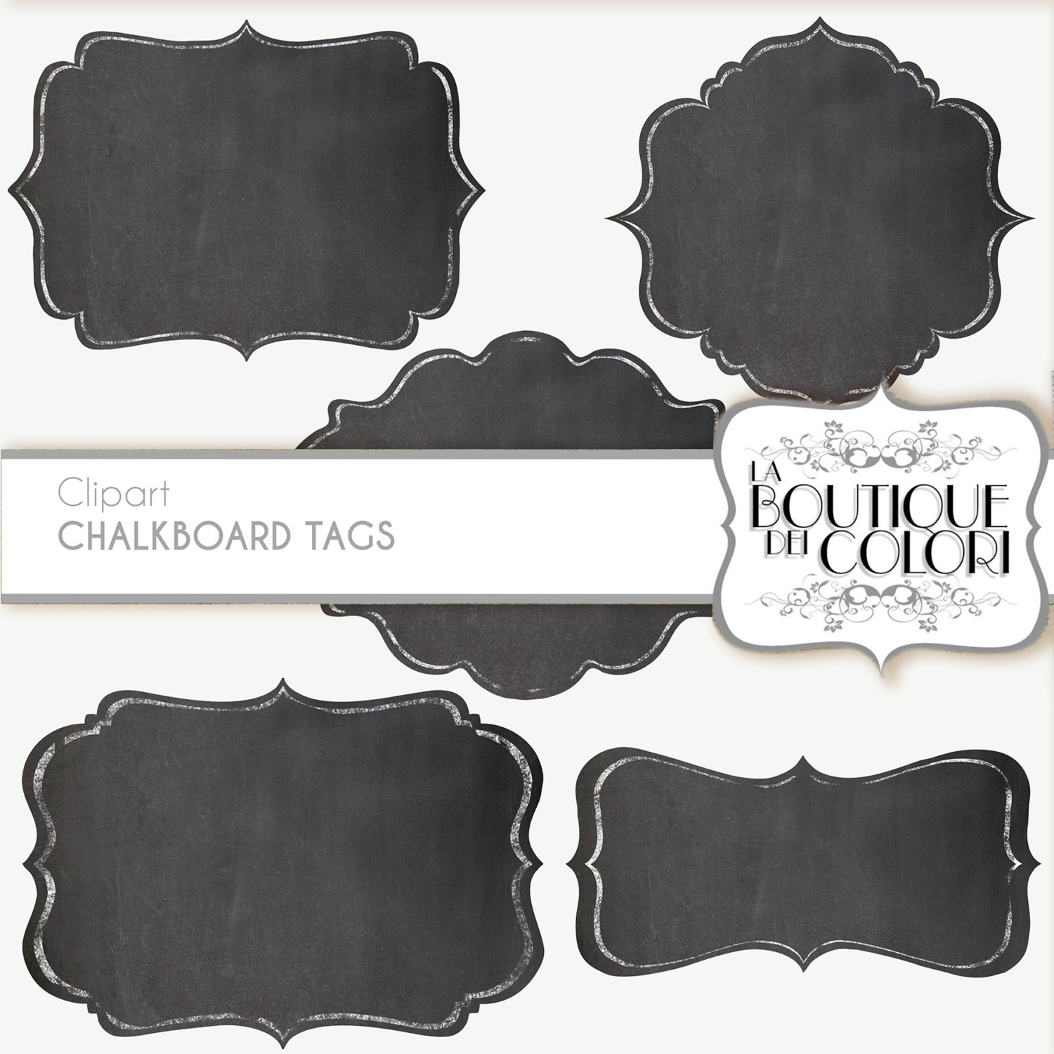 Six decorative chalkboard-style tags with ornate white borders, one featuring "La Boutique dei Colori" branding.
