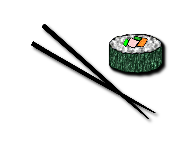 Black chopsticks beside a colorful sushi roll with nori, rice, and assorted fillings on white background.