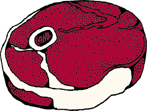 Illustration of a raw beef steak cut with bone, marbling, and fat trim.