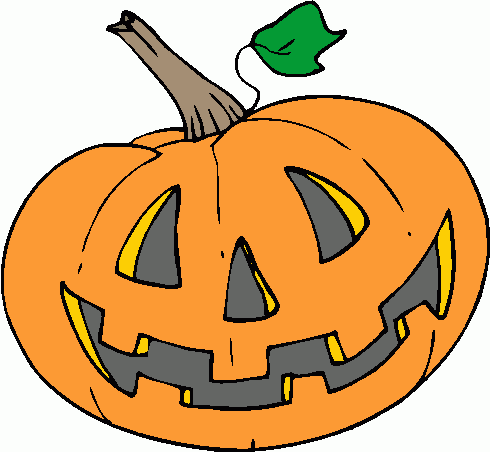 Carved orange Halloween pumpkin with triangular eyes, nose, jagged grin, and green leaf on stem.