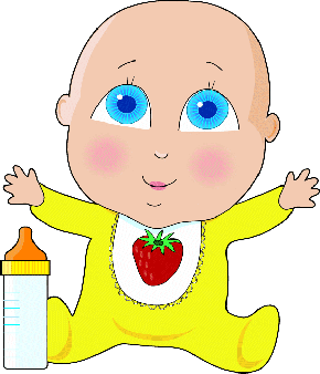 Happy baby in yellow outfit with strawberry bib holding a bottle