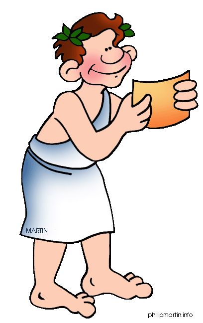 Ancient Greek man in toga and laurel wreath reading a scroll, smiling warmly.