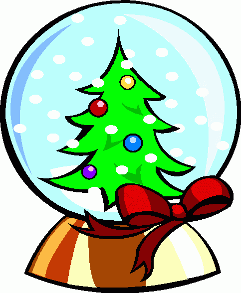 Festive Christmas snow globe with green tree, colorful ornaments, falling snow, and red bow on striped base.