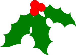 A stylized green holly leaf with three bright red berries against a black background.