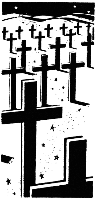 Black-and-white illustration of numerous Christian crosses on a hill under a starry night sky, evoking solemn remembrance and faith.