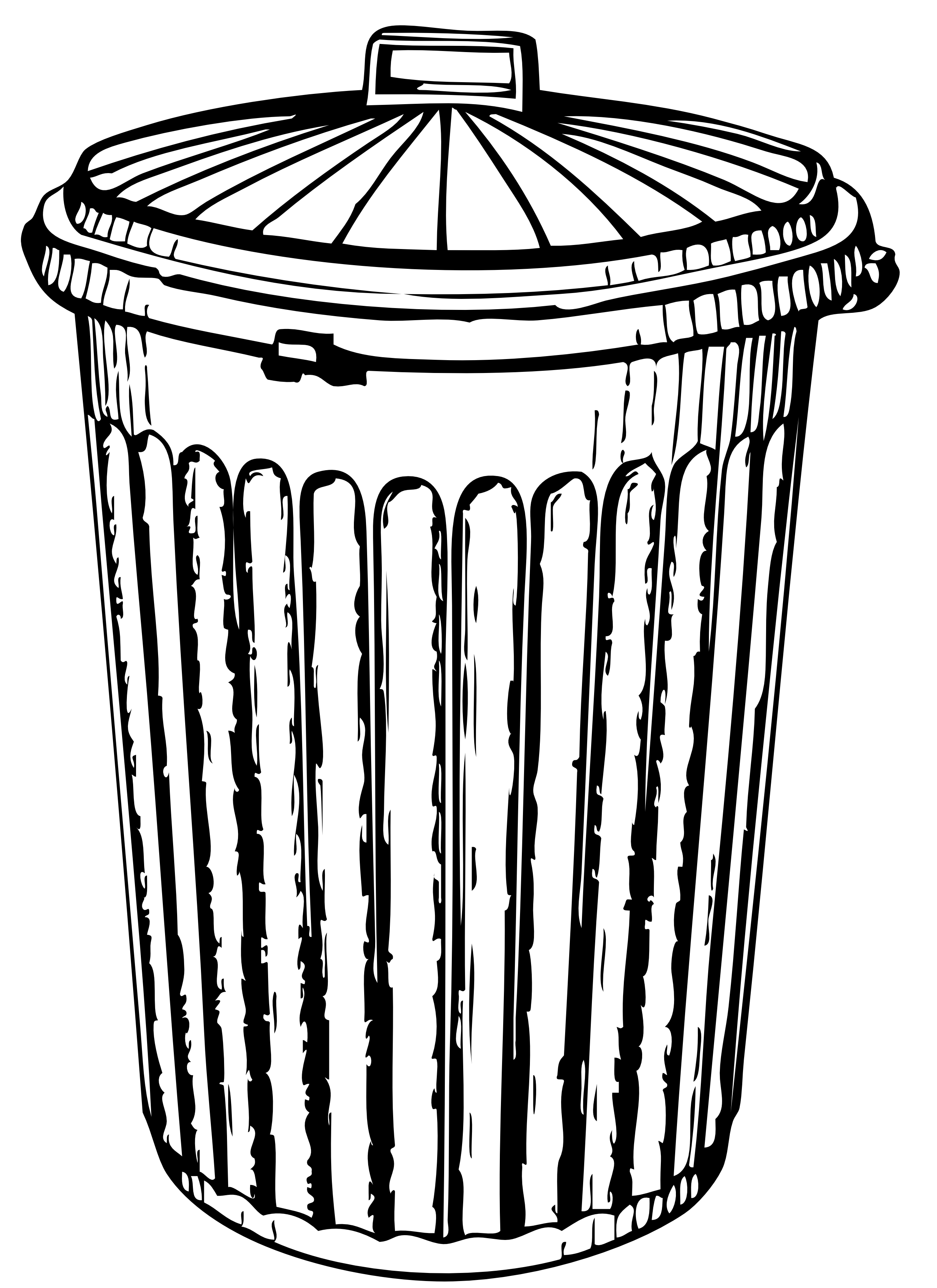 Black-and-white line drawing of a cylindrical plastic trash can with a lid and vertical ribbed texture.