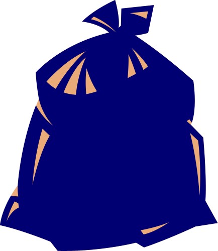 Blue plastic trash bag tied at the top with orange highlights, stylized vector illustration.