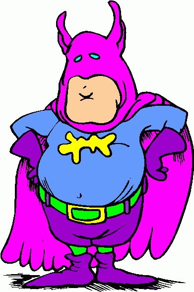 A cartoon superhero with a pink hooded cape, blue suit, yellow emblem, and green belt, standing confidently with hands on hips.