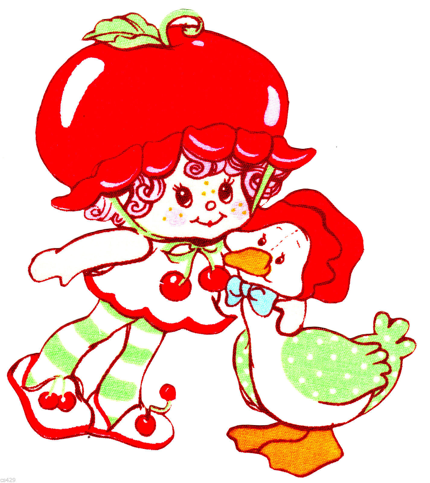 Strawberry Shortcake character with red apple-shaped hat, holding cherries, hugging a polka-dotted duck friend.