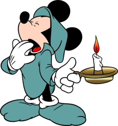 Mickey Mouse in teal pajamas yawning while holding a lit candle on a saucer.