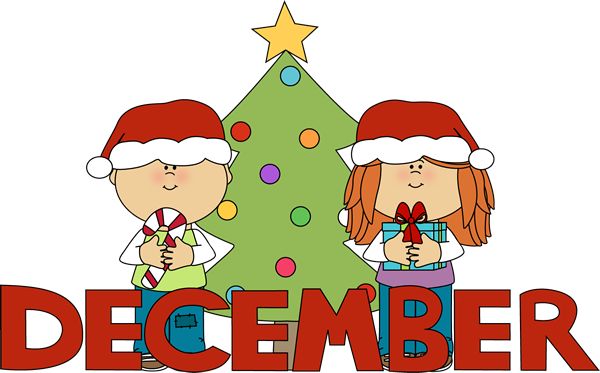 Two cartoon children in Santa hats holding gifts and candy canes beside a decorated Christmas tree with "DECEMBER" below.