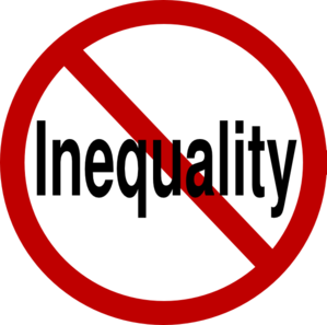 Red prohibition symbol over the word "Inequality", signaling opposition to social or economic disparity.