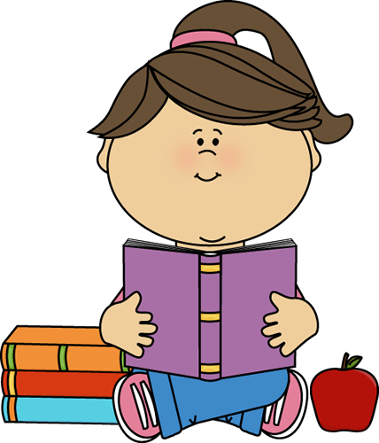 A smiling cartoon girl with brown hair in a ponytail sits reading a purple book, with stacked books and a red apple beside her.