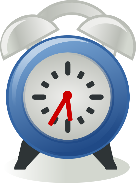 Blue classic alarm clock with red hands showing 5:35, twin bells raised, indicating time to wake up or an alert.