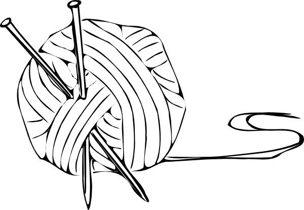 Black-and-white line drawing of a ball of yarn with two knitting needles inserted and a loose strand trailing.