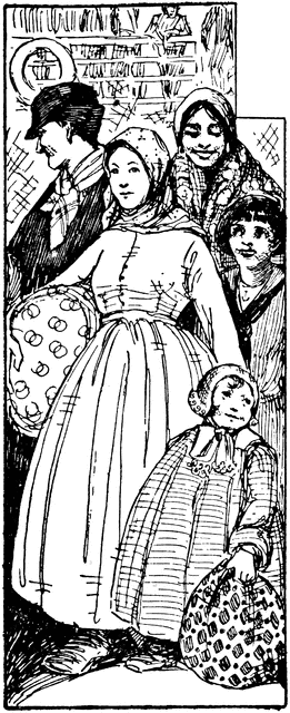 A vintage black-and-white illustration of a family in traditional attire, including women with headscarves and children holding patterned bags, standing near a shop window.