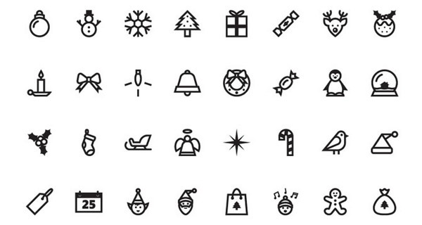 Collection of 24 minimalist black-and-white Christmas icons including ornaments, snowman, tree, gift, reindeer, candy cane, angel, and more.