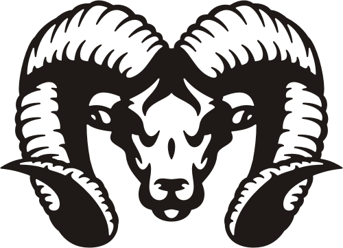 Black and white stylized ram head with large curved horns, symmetrical design, bold contrast.
