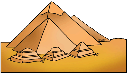 Illustration of the Great Pyramids of Giza with smaller pyramids in front, set against a desert backdrop.
