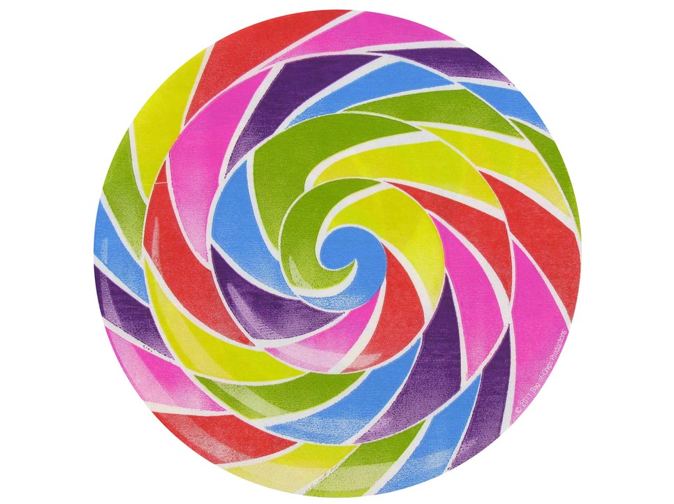 Vibrant multicolored lollipop with swirling rainbow pattern on white background.