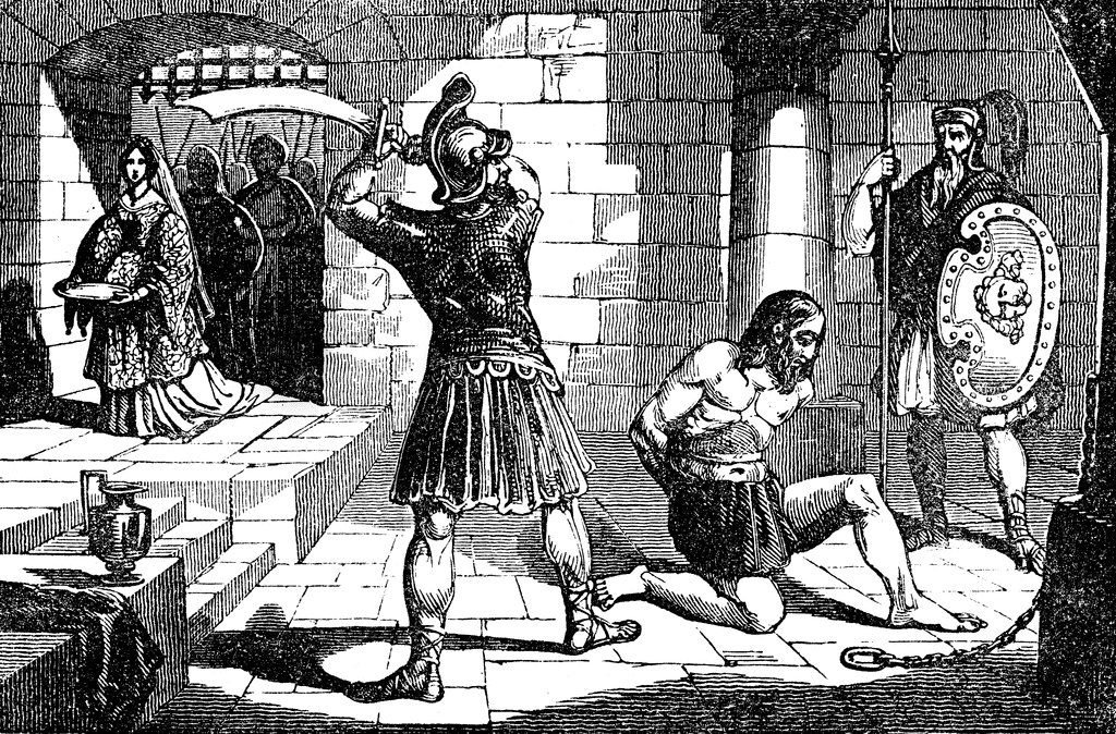 A historical engraving depicting a Roman soldier raising a sword over a kneeling, chained captive while onlookers and a guard observe.
