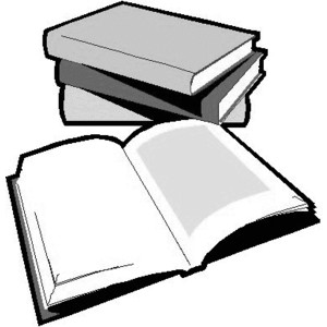 Stack of three closed books with one open book in front, grayscale line illustration.