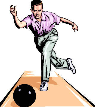 Man in purple shirt and green pants bowling, releasing a black ball down the lane.