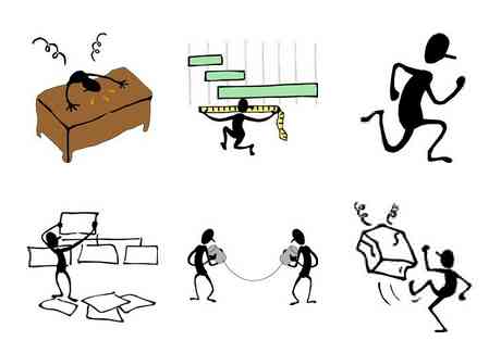 Six illustrated icons showing procrastination, goal setting, running, planning, collaboration, and stress overload.